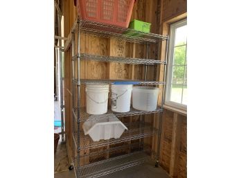 Tall Metal Shelf With Buckets And Baskets Included