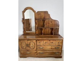 Vintage Wood Mirror And Dresser With 4 Drawers An Armour And Open Shelve Space 62W X 171/2D X 70 H