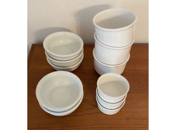 Lot Of White Dishware Including 3 Small Bowls, 5 Medium Bowls, And 3 Large Bowls.