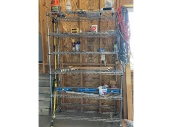 Ultra Durable Metal Storage Rack On Wheels With 6 Adjustable Racks. Misc. Items Levels, Extension Cords