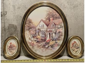 Lot Of Three Oval Pictures Of Cottages, Two Small One Big
