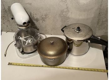Kitchen Aide Mixer (tested And Working), Pressure Cooker, And Cast Iron Pot