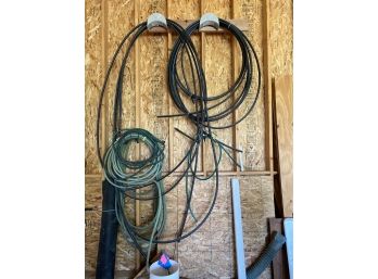 Lot Of Misc Hoses, Bucket Of Hose Pieces And Flags