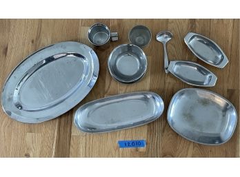 Lot Of Variety Metal Kitchen Platters, Bowl, Spoon, And Cups. Minor Stains