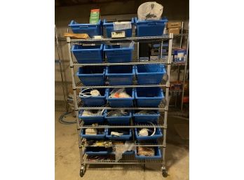 Gray Metal Storage Shelf With Blue Plastic Containers With Misc. Items! 36x14x56 Inch.