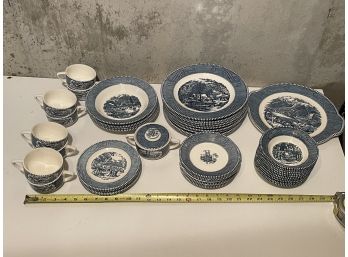 Lot Of Blue China, Serving Platter, Cups, Plates, Candy Dish