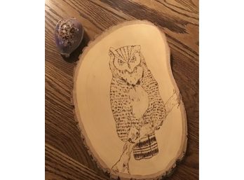 Slice Of Wood With A Detailed Engraved Owl, Small Nail Hook On The Back, Shell With Beautiful Rose Engraved