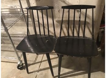 Two Black Small Chairs That Match, Chips In The Paint But Sturdy Chairs
