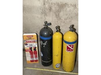 Two Large Scuba Tanks, One Small Scuba Tank, Fire Extinguisher
