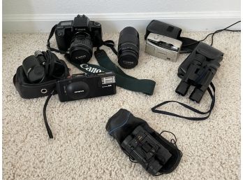 Lot Of Vintage Camera Equipment And Binoculars, Some Cases Included