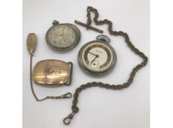 Two Antique Pocket Watches (Needs Repairs), Small Belt Bucket, And Two Chains.