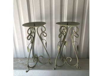 Pair Of Green Candle Holders With Leaf Details