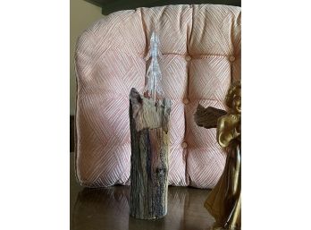 Wooden Angel Statue And Glass Tree Coming From The Top Of A Wooden Log. Approx. 12X2