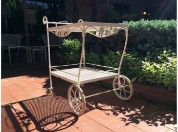 Wrought Iron Garden Cart.  White.  Very Cute. Wheels Roll Great!