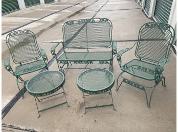 Gorgeous Green Metal Patio Set With Two Rocker Chairs, Rocking Bench And Side Tables.See Description For Sizes