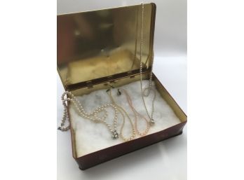 Beautiful Collection Of Costume Jewelry With Floral Tin Box. Four Necklaces Total.