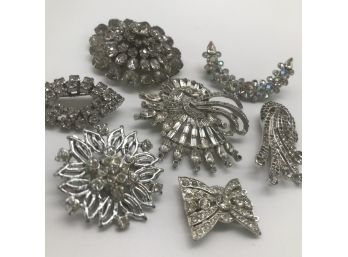 Collection Of Costume Jewelry. 7 Silver Brooches With Gems.