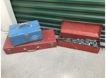 Three Metal Storage Containers, One Full Of Bolts And Screws