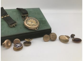 Lovely Collection Of Antique Jewelry, Including Cuff Links And Watch. Case Included.