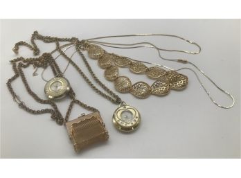 Collection Of Nice Jewelry. Gold Collection. Five Necklaces And One Clock Medallion.