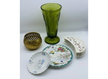 Beautiful Collection Of Various China Pieces, Incl. Crescent Dishes, Plate, Bronze Bowl, And Green Glass Vase
