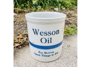 Small Stoneware Container With WESSON OIL Marked On It