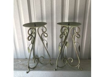 Pair Of Green Candle Holders With Leaf Details