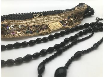 Two Lovely Black Beaded Necklaces And Two Sequence Belts