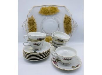 Gorgeous Teacup And Saucer Set With Gold Floral And Glass Platter