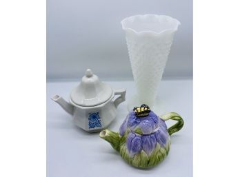 Lovely Hobnail Milk Glass Vase And Two Teapots
