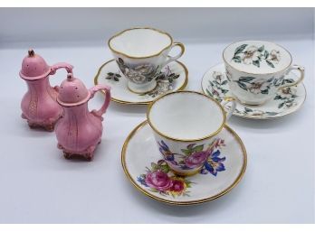 Three Teacups With Matching Saucers, Plus A Set Of Pink Victorian-style Salt And Pepper Shakers