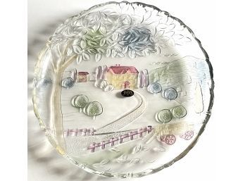 Stunning Country Living Scene Glass Serving Dish By Crystal Clear Studios. 1989, Japan.