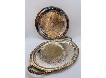 Two Lovely Silver-plate Serving Trays, One With Handles