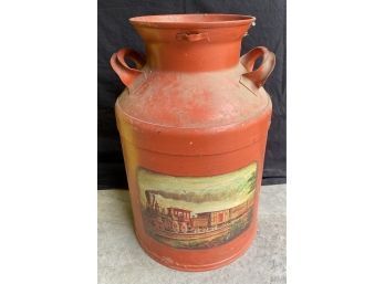 Large Red Milk Can With Train Picture