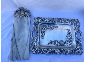 Stunning Metal Arthur Court Grapevine Serving Dish And Marble Cutting Board With Bunnies On The Top.