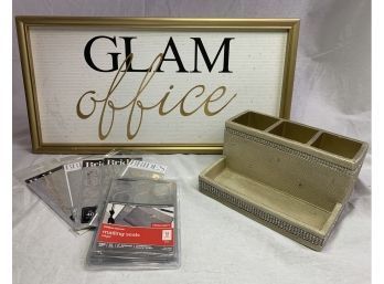 Glam Office Wall Sign, Glitzy Pencil Holder, Silver Stickers