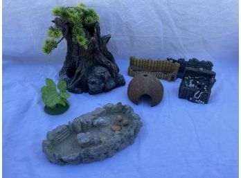 Small Tank Accessories Including A Tree, Coconut Home, Treasure Chest And Pond.