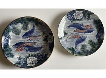 GORGEOUS Koi Fish Japanese Porcelain Plate And Serving Bowl By Sun Ceramics.