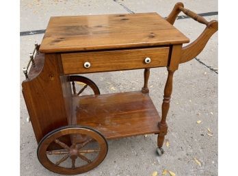 Vintage Wooden Bar Serving Cart. Unique Wagon Wheels And Leaf Extender On The Side!