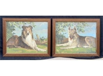 Pair Of Dog Portraits In Wooden Frame. Approximately 22x18 Inches Each.