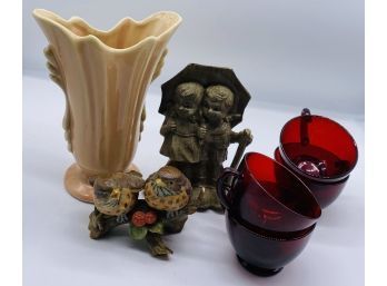 Miscellaneous Decor, Including Porcelain Bird Figurine, Vase, And Four Red Glass Teacups