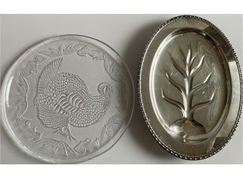 1710 Silver Plated Footed Serving Tray By Rogers And Bro And Glass Turkey Design Serving Tray.