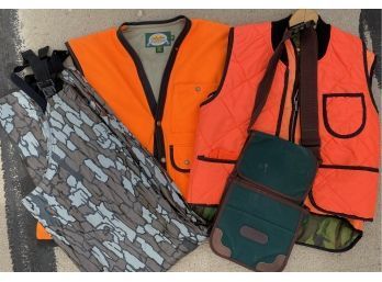 Outdoorsman Collection. Two Hunters Orange Vests, Size XL Waders, And GANDER MOUNTAIN Bag