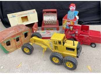Antique Children's Toys. Tom Thumb Cash Register, Jack In The Music Box, Fisher Price Farm, Busy Boy Tool Box