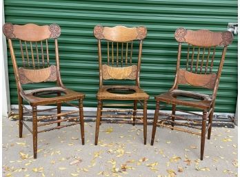 Unique Wooden Chairs With Missing Spindle Seating. Set Of 3.