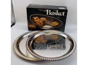 Two LEONARD Brand Silver-plate Serving Trays, Plus LEONARD Silver-plate Basket In Original Box