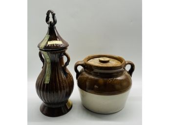 Lovely Decanter And Brown And White Clay Pot. Decanter Stands Approximately 12 Inches Tall.