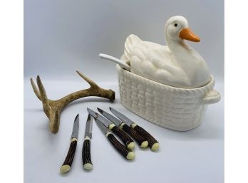 Set Of Knives With Plastic Handle, One Deer Antler, And Duck Serving Bowl With Spoon