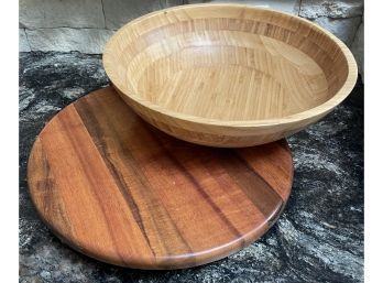 Beautiful Koa Wood Lazy Susan, From Honolulu, HI. And A Large Wooden Serving Bowl.