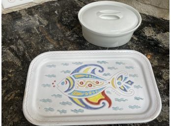 Colroful Fish Designed Ceramic Serving Tray And Apilco Porcelain Dish From France.
